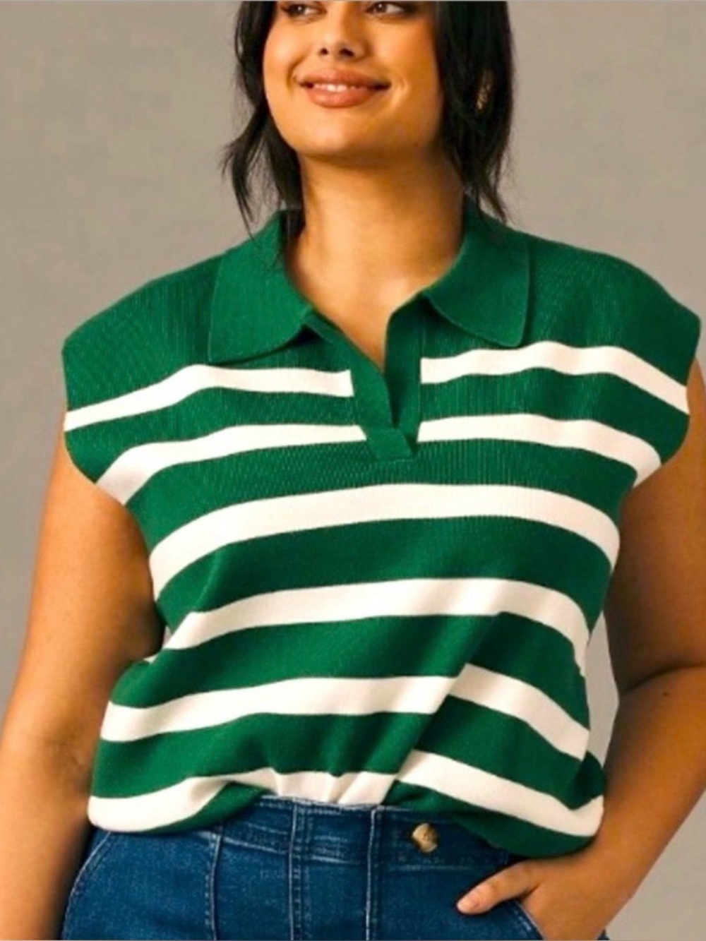 Anthropologie Maeve Knit Striped Polo Sweater Vest Size 1X Green White